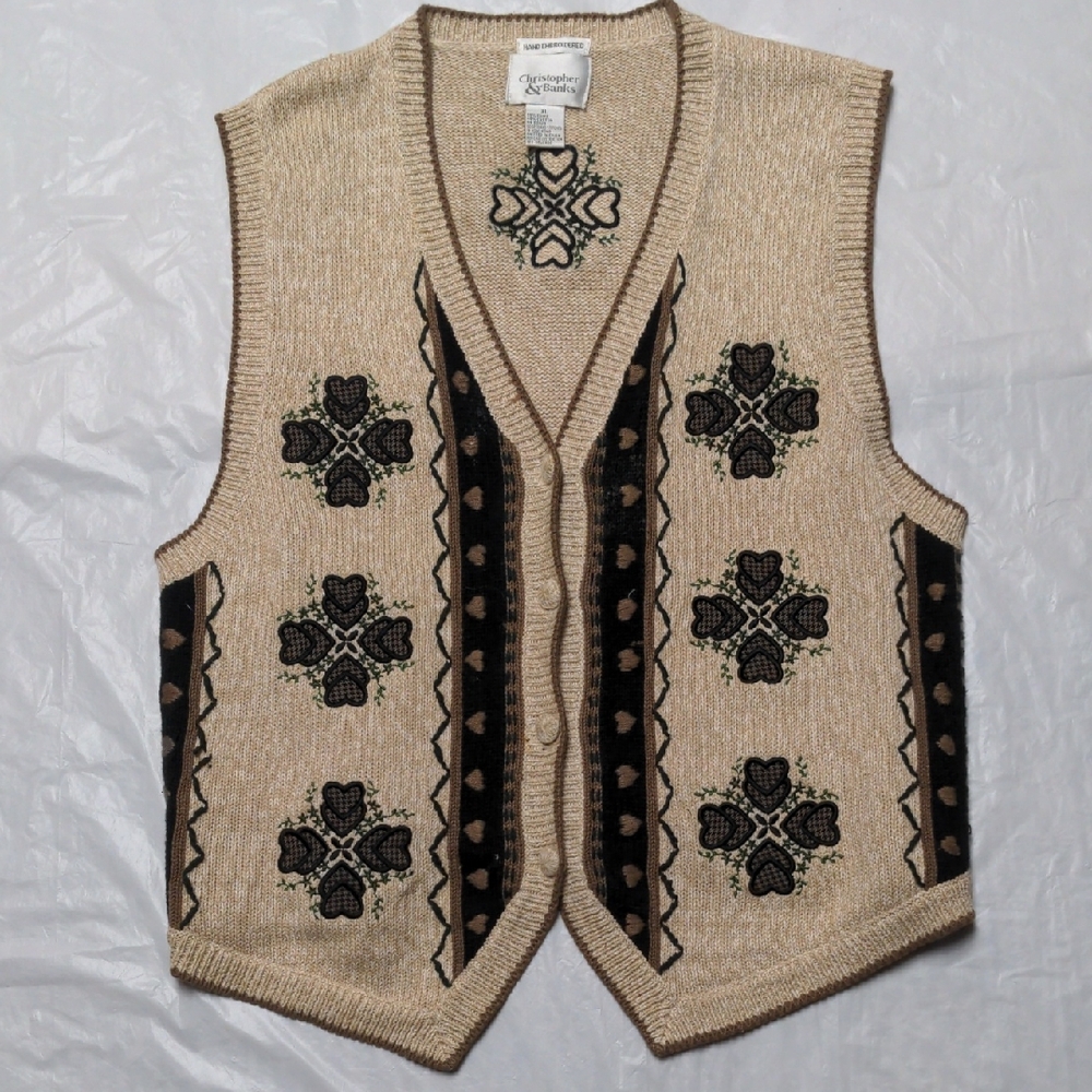 Christopher & Banks Vtg Cottagecore Grannycore Knit Sweater Vest Hearts Sz XL